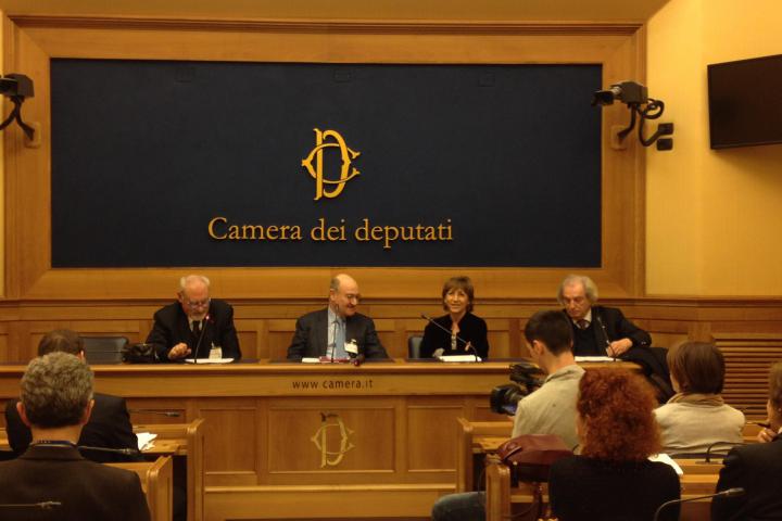 Pietro Kuciukian, Gabriele Nissim, Milena Santerini e Antonio Ferrari alla conferenza stampa sul convegno "Giusti dell'Umanità" alla Camera dei Deputati, 3 marzo
